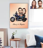 Kişiye Özel Motorcu Sevgili Karikatürlü Ahşap Tablo 30x47 Model 3