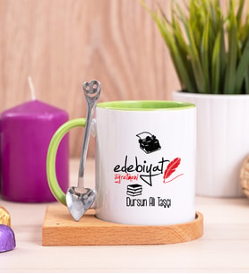 Edebiyat Öğretmeni Ahşap Altlıklı Yeşil Kupa Bardak