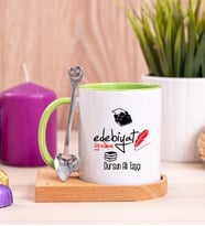 Edebiyat Öğretmeni Ahşap Altlıklı Yeşil Kupa Bardak