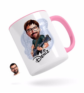 BK Gift Kişiye Özel Erkek Gitarist Karikatürlü Pembe Kupa Bardak-1