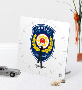 BK Gift Kişiye Özel Polis Çevik Kuvvet Temalı Masaüstü Kare Cam Saat (Beyaz)