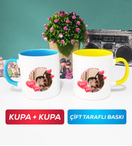 İkili Sevgiliye Sevgililer Günü Hediyesi 8 Kupa Bardak Mavi Sarı