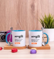 Sevgili Kelime Anlamı Ahşap Altlıklı İkili Mavi Kupa Bardak