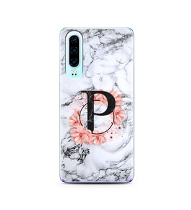 Mermer Çiçekli Harf Tasarım Süper Şeffaf Silikon Telefon Kılıfı Huawei P30  P-Ha