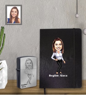 Kişiye Özel Öğretmen Karikatürlü Siyah Defter Çakmak Hediye Seti Bayan-10 (Model 1)