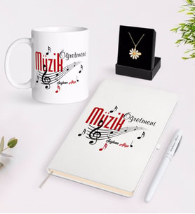 BK Gift Kişiye Özel Müzik Öğretmeni Beyaz Kupa Defter Kalem ve İsimli Papatya Kolye Hediye Seti (Model 1)