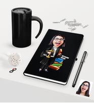 BK Gift Kişiye Özel Bayan Avukat Karikatürlü Siyah Defter Kalem ve Termos Mug Seti - 2 (Model 1)