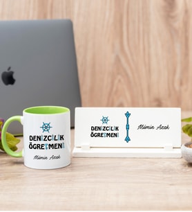 Denizcilik Öğretmeni Yeşil Kupa Bardak Ve Masa İsimliği Hediye Seti
