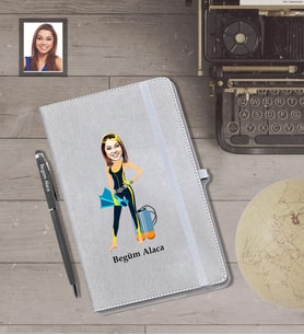 Kişiye Özel Dalgıç Karikatürlü Gri Defter Kalem Hediye Seti   Bayan-1