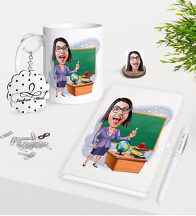 BK Gift Kişiye Özel Bayan Öğretmen Karikatürlü Kupa Anahtarlık Beyaz Defter Kalem Hediye Seti-1 (Model 1)