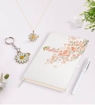 BK Gift Kişiye Özel İsimli Defter Kalem Gold Papatya Kolye ve Anahtarlık Seti-2 (Model 1)