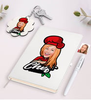 BK Gift Kişiye Özel Kadın Chef Karikatürlü Beyaz Defter Kalem ve Anahtarlık Hediye Seti-10 (Model 1)