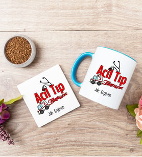 Acil Tıp Teknisyeni Mavi Kupa Bardak Ve Bardak Altlığı Seti