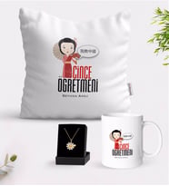 BK Gift Kişiye Özel Çince Öğretmeni Beyaz Kupa Yastık ve İsimli Papatya Kolye Hediye Seti (Model 1)