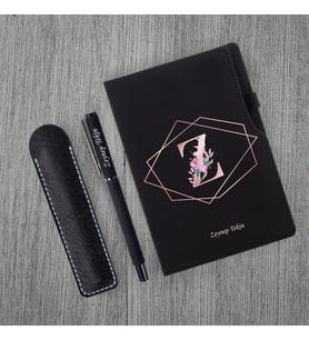 Kişiye Özel UV Baskılı  Harfli Siyah Defter Roller Kalem  Seti