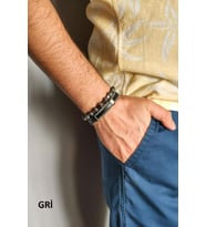 JTKB19012 DOĞAL TAŞ ve DERİ KOMBİN BİLEKLİK GRİ