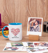 Kişiye Özel Kalpli Mavi Kupa Bardak ve Ahşap Standlı Polaroid Set