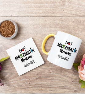 Matematik Öğretmeni Sarı Kupa Bardak Ve Bardak Altlığı Seti