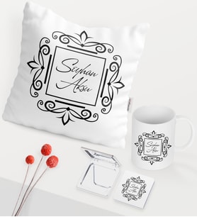 BK Gift Kişiye Özel İsimli Beyaz Kupa Ayna Yastık Seti - 1