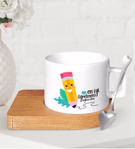 BK Gift Kişiye Özel En İyi Öğretmen Ahşap Altlıklı Seramik Fincan-10 (Beyaz)