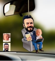 BK Gift Kişiye Özel Baba Oğul Karikatürlü Ahşap Araba Dikiz Ayna Süsü-1 (Çok Renkli)
