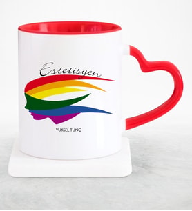 BK Gift Kişiye Özel Mesleki Estetisyen Kırmızı Kalpli Kupa Bardak  2