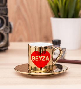 İsim Yazılı Kırmızı Kalpli Gold Türk Kahvesi Fincanı
