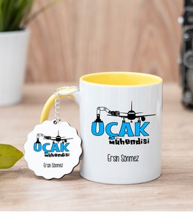 Uçak Mühendisi Sarı Kupa Bardak Ve Anahtarlık Set