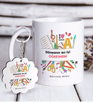 BK Gift Kişiye Özel Dünyanın En İyi Öğretmeni Beyaz Kupa ve Anahtarlık Hediye Seti-13 (Model 1)