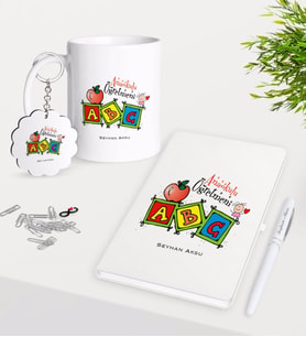 BK Gift Kişiye Özel Anaokulu Öğretmeni Kupa Anahtarlık Beyaz Defter Kalem Hediye Seti-1 (Model 1)