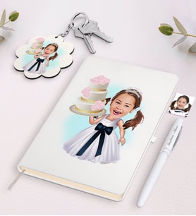 BK Gift Kişiye Özel Kız Çocuk Doğum Günü Karikatürlü Beyaz Defter Kalem ve Anahtarlık Hediye Seti (Model 1)