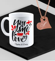 BK Gift Kişiye Özel Sevgililer Temalı Kupa ve Rose Kalp Kolye Set - 79