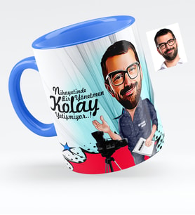 BK Gift Kişiye Özel Bay Yönetmen Karikatürlü Mavi Kupa Bardak  1