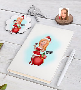 BK Gift Kişiye Özel Kadın Yeni Yıl Karikatürlü Beyaz Defter Kalem ve Anahtarlık Hediye Seti-1 (Model 1)