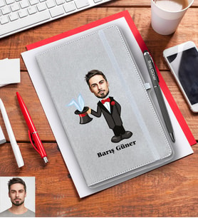 Kişiye Özel Sihirbaz Karikatürlü Gri Defter Kalem Hediye Seti  Bay-1