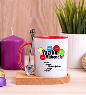 Yazılım Mühendisi Ahşap Altlıklı Kırmızı Kupa Bardak