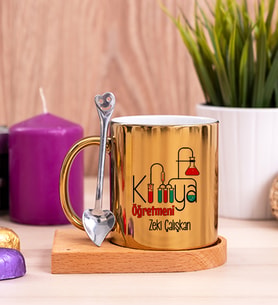 Kimya Öğretmeni Ahşap Altlıklı Gold Kupa Bardak