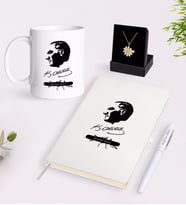 BK Gift Kişiye Özel Atatürk Temalı Beyaz Kupa Defter Kalem ve İsimli Papatya Kolye Hediye Seti-4 (Model 1)