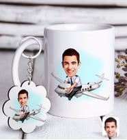 BK Gift Kişiye Özel Erkek Kaptan Pilot Karikatürlü Beyaz Kupa ve Anahtarlık Hediye Seti (Model 1)