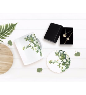 BK Gift Kişiye Özel Papatya Temalı Kupa Bardak Altlığı ve Kolye Bileklik Hediye Seti-5 (Model 1)