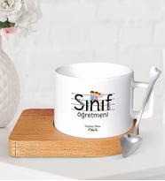 BK Gift Kişiye Özel Sınıf Öğretmeni Ahşap Altlıklı Seramik Fincan-17 (Beyaz)