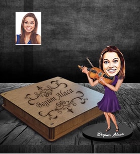 Kişiye Özel Kemancı Karikatürlü Ahşap Biblo Kutulu Bayan-1