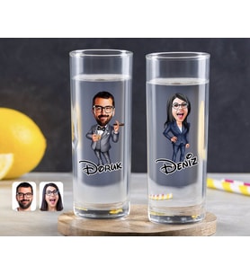 BK Gift Kişiye Özel Renkli Baskılı Erkek ve Kadın Karikatürlü İkili Vodka Bardağı-3 (Beyaz)