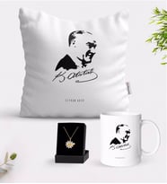 BK Gift Kişiye Özel Atatürk Temalı Beyaz Kupa Yastık ve İsimli Papatya Kolye Hediye Seti-26 (Model 1)