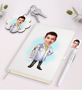 BK Gift Kişiye Özel Erkek Göz Doktoru Karikatürlü Beyaz Defter Kalem ve Anahtarlık Hediye Seti (Model 1)