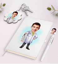 BK Gift Kişiye Özel Erkek Göz Doktoru Karikatürlü Beyaz Defter Kalem ve Anahtarlık Hediye Seti (Model 1)