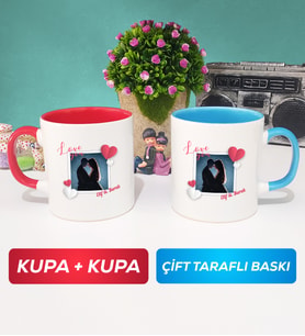 İkili Sevgiliye Sevgililer Günü Hediyesi 7 Kupa Bardak Kırmızı Mavi
