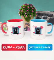 İkili Sevgiliye Sevgililer Günü Hediyesi 7 Kupa Bardak Kırmızı Mavi