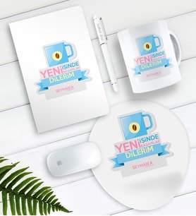 BK Gift Kişiye Özel Yeni İşinde Başarılar Dilerim Defter Kalem Kupa Mouse Pad Seti-4 (Model 1)