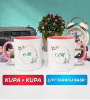 İkili Çiçek Tasarımlı İsme Özel Kupa Bardak Pembe